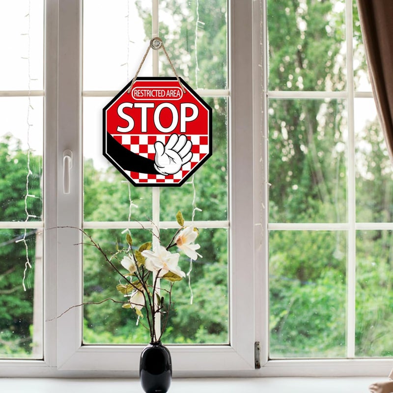 Deroro Restricted Area Stop Front Door Sign, Red Octagon Warning Notice Sign Wood Door Hanger Outdoor Outside Decor, Wooden Wreath Indoor Home Office Business Wall Hanging Decoration - Image 5
